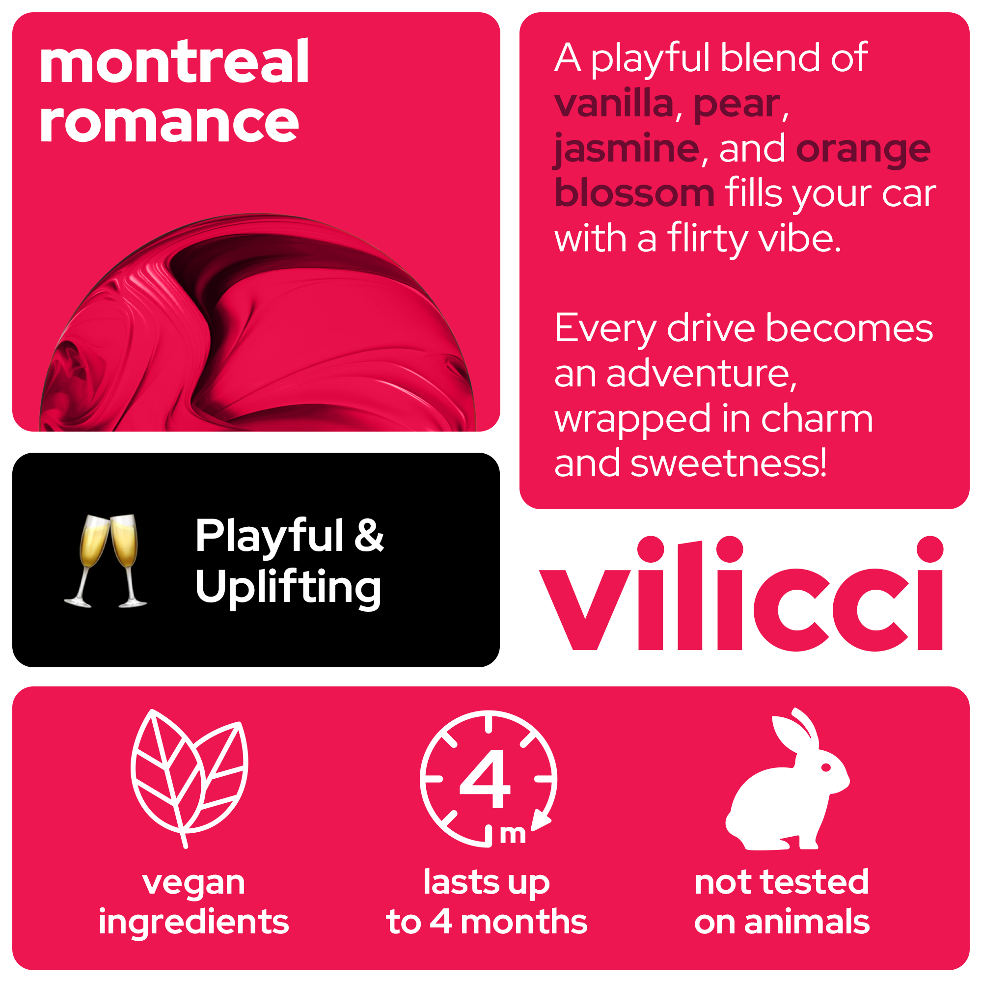 Vilicci Montreal Romance car diffuser scent card with notes of vanilla, pear, jasmine, and orange blossom, designed to feel Playful & Uplifting